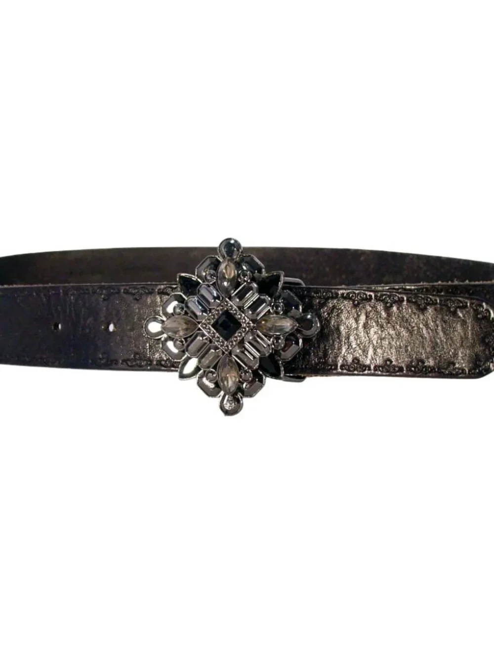 FOSSIL Tooled Leather Belt Black/Gunmetal/Smoky Crystal Buckle Women's M - Picture 4 of 7